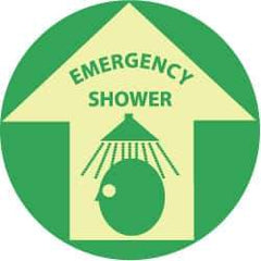 NMC - Emergency Shower, Anti-Skid Polyester Floor Sign - Round, Green on Yellow (Glow), Adhesive Backed, For First Aid - Industrial Tool & Supply