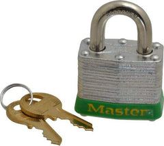 Master Lock - Keyed Alike Retaining Key Conductive Lockout Padlock - 3/4" Shackle Clearance, 9/32" Shackle Diam, 1-1/4" Body Height x 1-9/16" Body Width, Green, 4 Pins - Industrial Tool & Supply