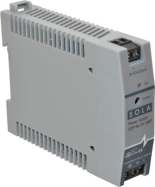 Sola/Hevi-Duty - 100 Watt, 0.60 Amp, 264 VAC, 375 VDC Input, 24 to 28 VDC Output, DIN Rail Power Supply - Screw Terminal Connection, 1 Output, 0.9 Inch Wide x 3.8 Inch Deep x 2.95 Inch High, Up to 80% Efficiency, 14 to 140°F, Green LED Display - Industrial Tool & Supply