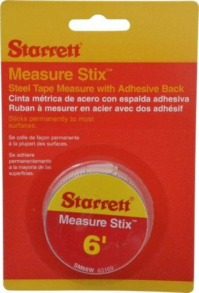 Starrett - 6 Ft. Long x 3/4 Inch Wide, 1/32 and 1/16 Inch Graduation, White, Steel Adhesive Tape Measure - Industrial Tool & Supply