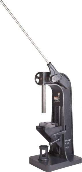 Dake - 2" Ram, 10" Throat Depth, 5 Ton Manual Arbor Press - 24-1/2" Max Work Height x 20" Max Work Width, Ratchet Leverage, 55:1 Leverage Ratio, 21-1/2" Base Width x 29" Base Depth - Industrial Tool & Supply
