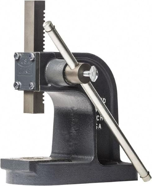 Dake - 1" Ram, 3-1/2" Throat Depth, 1 Ton Manual Arbor Press - 4-1/2" Max Work Height x 7" Max Work Width, Single Leverage, 25:1 Leverage Ratio, 4-1/4" Base Width x 9-1/2" Base Depth - Industrial Tool & Supply