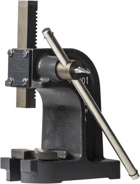 Dake - 1" Ram, 3-1/2" Throat Depth, 1 Ton Manual Arbor Press - 4-1/2" Max Work Height x 7" Max Work Width, Single Leverage, 25:1 Leverage Ratio, 4-1/4" Base Width x 9" Base Depth - Industrial Tool & Supply