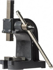 Dake - 1" Ram, 3-1/2" Throat Depth, 1 Ton Manual Arbor Press - 4-1/2" Max Work Height x 7" Max Work Width, Single Leverage, 25:1 Leverage Ratio, 4-1/4" Base Width x 9" Base Depth - Industrial Tool & Supply