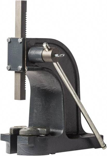 Dake - 1" Ram, 4-1/2" Throat Depth, 1-1/2 Ton Manual Arbor Press - 7-1/8" Max Work Height x 9" Max Work Width, Single Leverage, 32:1 Leverage Ratio, 6" Base Width x 14" Base Depth - Industrial Tool & Supply