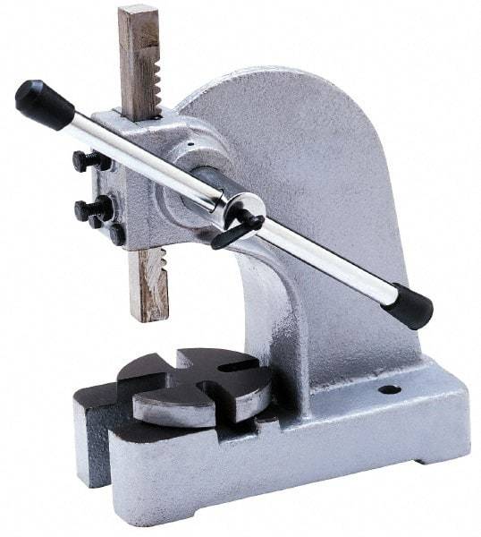 Interstate - 2-7/8" Ram, 9-7/16" Throat Depth, 5 Ton Manual Arbor Press - 18" Max Work Height x 18-7/8" Max Work Width, Single Leverage, 11" Base Width x 26" Base Depth - Industrial Tool & Supply