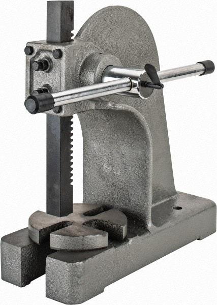Interstate - 1-5/8" Ram, 6" Throat Depth, 2 Ton Manual Arbor Press - 8-1/2" Max Work Height x 12" Max Work Width, Single Leverage, 6-3/4" Base Width x 17" Base Depth - Industrial Tool & Supply