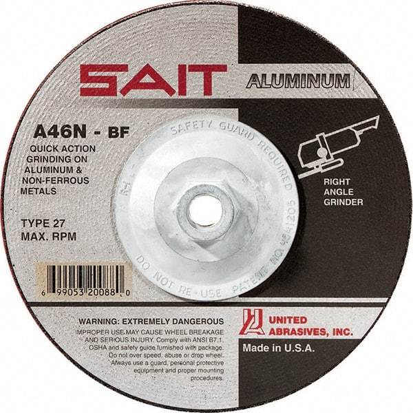 Sait - 46 Grit, 5" Wheel Diam, 1/4" Wheel Thickness, Type 27 Depressed Center Wheel - Aluminum Oxide, Resinoid Bond, N Hardness, 12,200 Max RPM, Compatible with Angle Grinder - Industrial Tool & Supply