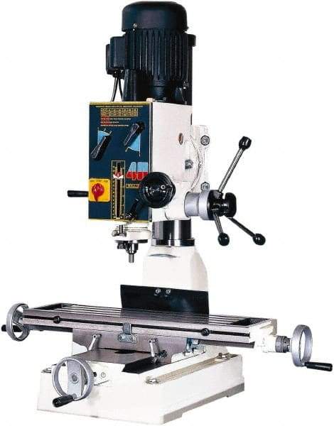 Rong Fu - 3 Phase, 20" Swing, Geared Head Mill Drill Machine - 28-3/4" Table Length x 8-1/4" Table Width, 18-1/8" Longitudinal Travel, 9" Cross Travel, 6 Spindle Speeds, 1 hp, 220 Volts - Industrial Tool & Supply