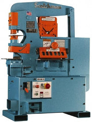 Scotchman - 12" Throat Depth, 90 Ton Punch Pressure, 1-1/8" in 1" Punch Capacity Ironworker - 5 hp, 3 Phase, 208/380/575 (Standard), 230 (Optional) & 230/240 (Standard) Volts, 76" Wide x 70" High x 26" Deep - Industrial Tool & Supply