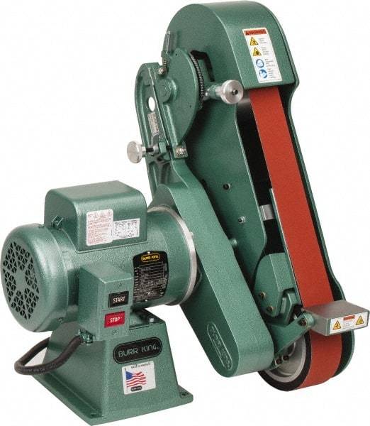 Burr King - 60 Inch Long x 2-1/2 Inch Wide Belt Grinder - 1-1/2 hp, 120/220 Volts, Vertical Belt, 800 to 8,000 Ft. per Min Belt Speed - Industrial Tool & Supply