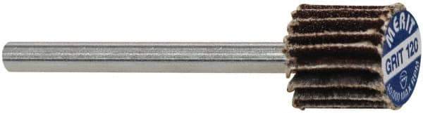 Merit Abrasives - 3/8" Diam x 3/8" Face Width, Fine Aluminum Oxide Coated Mounted Flap Wheel - 1/8" Shank Mount, 120 Grit, Cloth Backing, 40,000 Max RPM - Industrial Tool & Supply