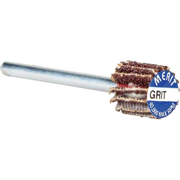 Merit Abrasives - 3/8" Diam x 3/8" Face Width, Very Fine Aluminum Oxide Coated Mounted Flap Wheel - 1/8" Shank Mount, 240 Grit, Cloth Backing, 40,000 Max RPM - Industrial Tool & Supply