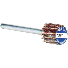 Merit Abrasives - 3/8" Diam x 3/8" Face Width, Very Fine Aluminum Oxide Coated Mounted Flap Wheel - 1/8" Shank Mount, 240 Grit, Cloth Backing, 40,000 Max RPM - Industrial Tool & Supply
