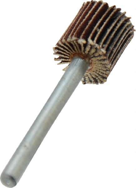 Merit Abrasives - 3/8" Diam x 3/8" Face Width, Extra Fine Aluminum Oxide Coated Mounted Flap Wheel - 1/8" Shank Mount, 320 Grit, Cloth Backing, 40,000 Max RPM - Industrial Tool & Supply