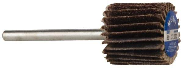 Merit Abrasives - 5/8" Diam x 5/8" Face Width, Medium Aluminum Oxide Coated Mounted Flap Wheel - 1/8" Shank Mount, 80 Grit, Cloth Backing, 37,000 Max RPM - Industrial Tool & Supply
