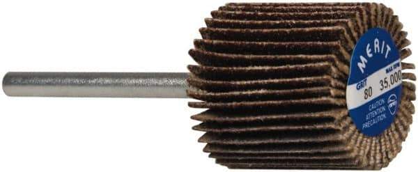 Merit Abrasives - 3/4" Diam x 3/4" Face Width, Medium Aluminum Oxide Coated Mounted Flap Wheel - 1/8" Shank Mount, 80 Grit, Cloth Backing, 35,000 Max RPM - Industrial Tool & Supply