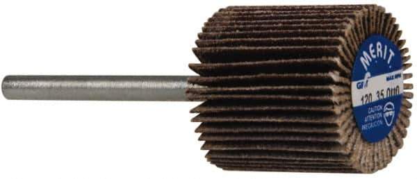 Merit Abrasives - 3/4" Diam x 3/4" Face Width, Fine Aluminum Oxide Coated Mounted Flap Wheel - 1/8" Shank Mount, 120 Grit, Cloth Backing, 35,000 Max RPM - Industrial Tool & Supply