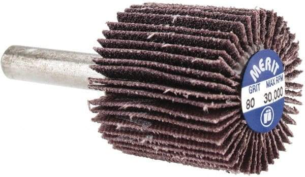 Merit Abrasives - 1" Diam x 1" Face Width, Medium Aluminum Oxide Coated Mounted Flap Wheel - 1/4" Shank Mount, 80 Grit, Cloth Backing, 30,000 Max RPM - Industrial Tool & Supply