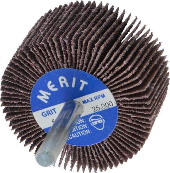 Merit Abrasives - 2" Diam x 1" Face Width, Medium Aluminum Oxide Coated Mounted Flap Wheel - 1/4" Shank Mount, 60 Grit, Cloth Backing, 25,000 Max RPM - Industrial Tool & Supply
