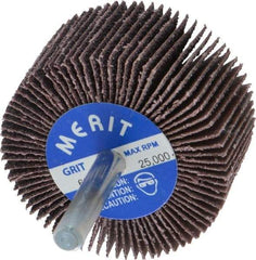 Merit Abrasives - 2" Diam x 1" Face Width, Medium Aluminum Oxide Coated Mounted Flap Wheel - 1/4" Shank Mount, 60 Grit, Cloth Backing, 25,000 Max RPM - Industrial Tool & Supply