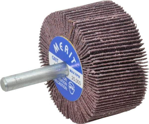 Merit Abrasives - 2" Diam x 1" Face Width, Medium Aluminum Oxide Coated Mounted Flap Wheel - 1/4" Shank Mount, 80 Grit, Cloth Backing, 25,000 Max RPM - Industrial Tool & Supply
