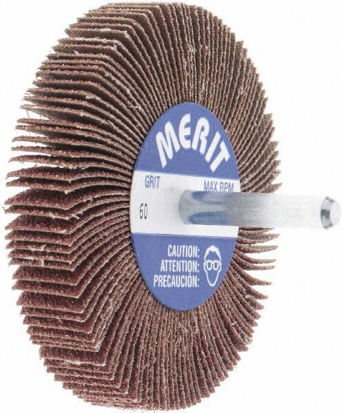 Merit Abrasives - 3" Diam x 1/2" Face Width, Medium Aluminum Oxide Coated Mounted Flap Wheel - 1/4" Shank Mount, 60 Grit, Cloth Backing, 20,000 Max RPM - Industrial Tool & Supply