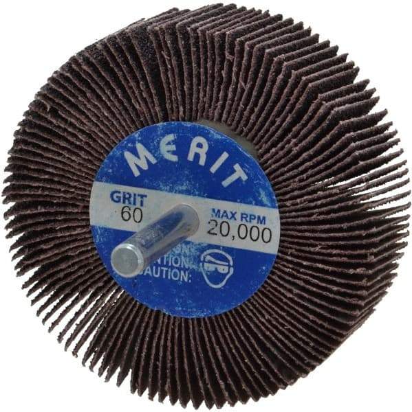 Merit Abrasives - 3" Diam x 1" Face Width, Medium Aluminum Oxide Coated Mounted Flap Wheel - 1/4" Shank Mount, 60 Grit, Cloth Backing, 20,000 Max RPM - Industrial Tool & Supply