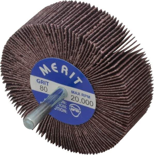 Merit Abrasives - 3" Diam x 1" Face Width, Medium Aluminum Oxide Coated Mounted Flap Wheel - 1/4" Shank Mount, 80 Grit, Cloth Backing, 20,000 Max RPM - Industrial Tool & Supply