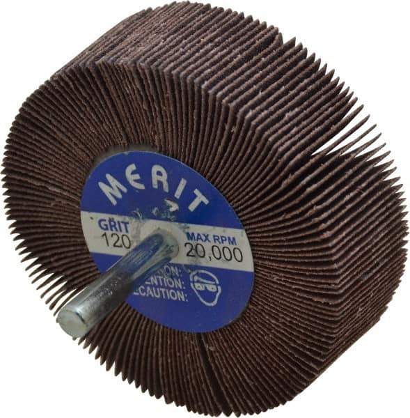 Merit Abrasives - 3" Diam x 1" Face Width, Fine Aluminum Oxide Coated Mounted Flap Wheel - 1/4" Shank Mount, 120 Grit, Cloth Backing, 20,000 Max RPM - Industrial Tool & Supply