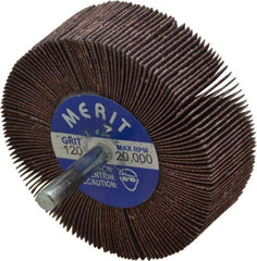 Merit Abrasives - 3" Diam x 1" Face Width, Fine Aluminum Oxide Coated Mounted Flap Wheel - 1/4" Shank Mount, 120 Grit, Cloth Backing, 20,000 Max RPM - Industrial Tool & Supply
