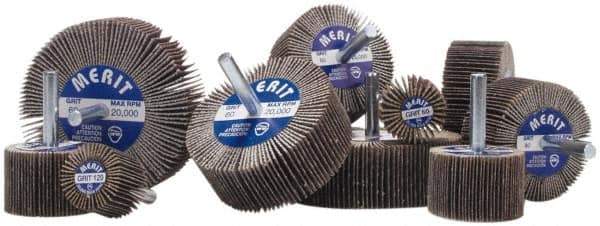 Merit Abrasives - 3" Diam x 1" Face Width, Medium Aluminum Oxide Coated Mounted Flap Wheel - 1/4" Shank Mount, 80 Grit, 30,000 Max RPM - Industrial Tool & Supply