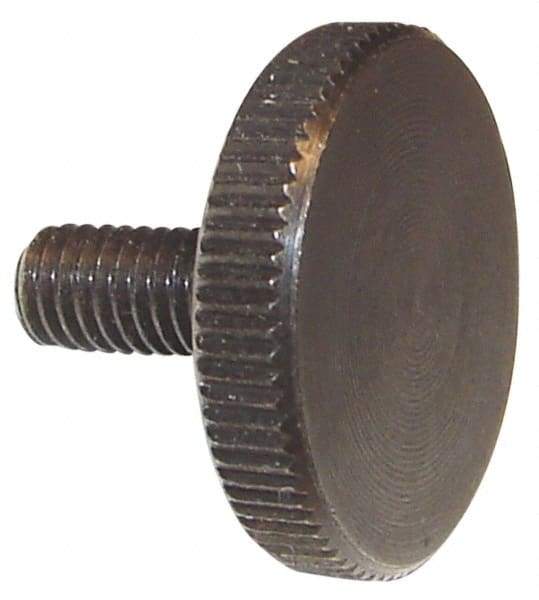 Morton Machine Works - M6x1.00 Knurled Shoulderless Grade C-1018 Steel Thumb Screw - 45mm OAL, 24mm Head Diam x 5mm Head Height, Black Oxide Finish - Industrial Tool & Supply