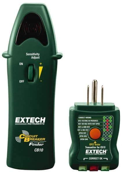 Extech - 110 to 125 VAC, 47 to 63 Hz, LED Display Circuit Breaker Finder - 9 Volt, Includes Battery, GFCI Transmitter, Receiver - Industrial Tool & Supply