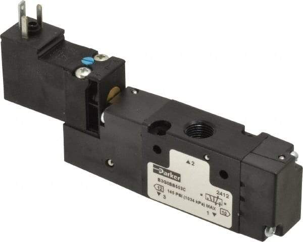 Parker - 1/8", 3-Way Body Ported Stacking Solenoid Valve - 24 VDC, 0.75 CV Rate, Air Return, 2.14" High x 4.2" Long - Industrial Tool & Supply