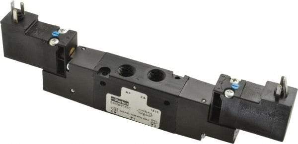 Parker - 4-Way Body Ported Stacking Solenoid Valve - 120 VAC, 0.6 CV Rate, 6.44" Long - Industrial Tool & Supply