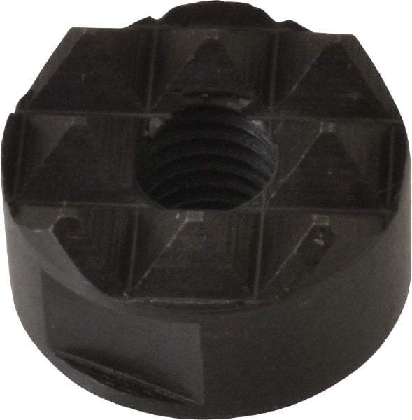 Fairlane - 1/4-28 Thread, 5/8" Diam, 3/8" High, Threaded, Coarse Tooth Grade Diamond Serration Tooth Pattern, High Speed Steel, Round Positioning Gripper - 3/16" Flat Width, Black Oxide Coated - Industrial Tool & Supply