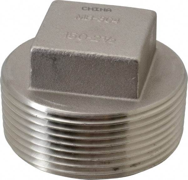 Merit Brass - 2-1/2" Grade 304 Stainless Steel Pipe Square Head Plug - MNPT End Connections, 150 psi - Industrial Tool & Supply