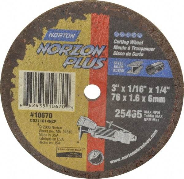 Norton - 3" Ceramic Cutoff Wheel - 1/16" Thick, 1/4" Arbor, 25,465 Max RPM, Use with Die Grinders - Industrial Tool & Supply