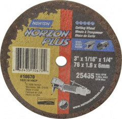 Norton - 3" Ceramic Cutoff Wheel - 1/16" Thick, 1/4" Arbor, 25,465 Max RPM, Use with Die Grinders - Industrial Tool & Supply