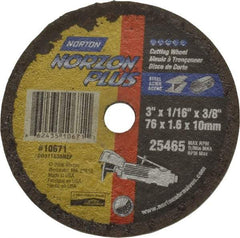 Norton - 3" Ceramic Cutoff Wheel - 1/16" Thick, 3/8" Arbor, 25,465 Max RPM, Use with Die Grinders - Industrial Tool & Supply