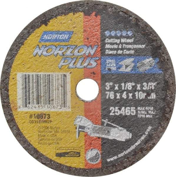 Norton - 3" Ceramic Cutoff Wheel - 1/8" Thick, 3/8" Arbor, 25,465 Max RPM, Use with Die Grinders - Industrial Tool & Supply