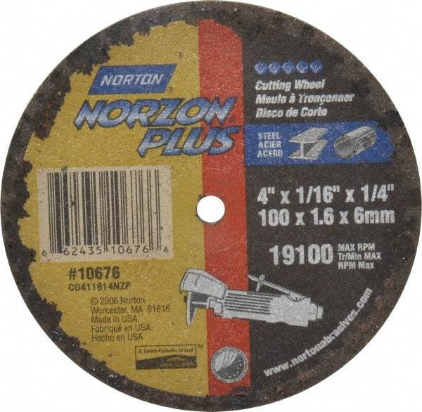 Norton - 4" 36 Grit Ceramic Cutoff Wheel - 1/16" Thick, 1/4" Arbor, 19,100 Max RPM, Use with Die Grinders - Industrial Tool & Supply