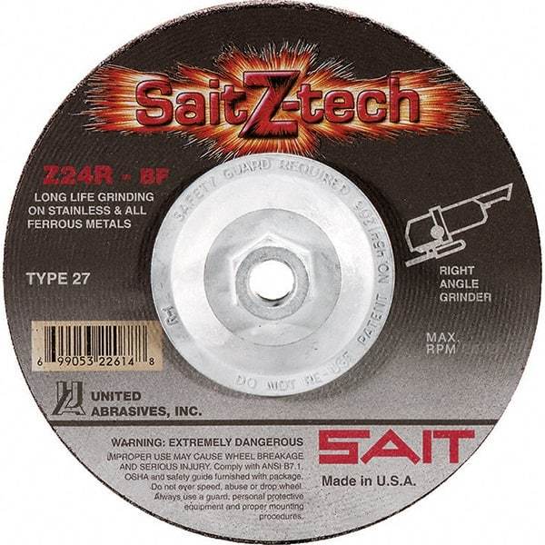 Sait - 24 Grit, 4-1/2" Wheel Diam, 1/4" Wheel Thickness, Type 27 Depressed Center Wheel - Zirconia Alumina, Resinoid Bond, R Hardness, 13,300 Max RPM, Compatible with Angle Grinder - Industrial Tool & Supply