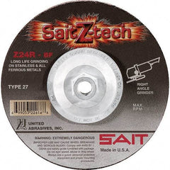 Sait - 24 Grit, 7" Wheel Diam, 1/4" Wheel Thickness, Type 27 Depressed Center Wheel - Zirconia Alumina, Resinoid Bond, R Hardness, 8,500 Max RPM, Compatible with Angle Grinder - Industrial Tool & Supply