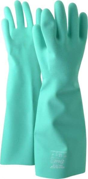 SHOWA - Size L (9), 19" Long, 22 mil Thick, Nitrile Chemical Resistant Gloves - Textured Finish, Slip-On Cuff, ANSI Abrasion Level 4, ANSI Cut Level 0, ANSI Puncture Level 1, Green, FDA Approved - Industrial Tool & Supply
