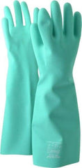 SHOWA - Size L (9), 19" Long, 22 mil Thick, Nitrile Chemical Resistant Gloves - Textured Finish, Slip-On Cuff, ANSI Abrasion Level 4, ANSI Cut Level 0, ANSI Puncture Level 1, Green, FDA Approved - Industrial Tool & Supply