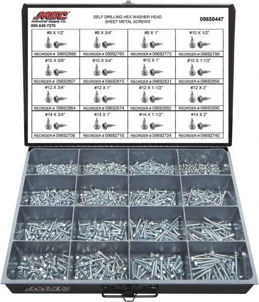 Value Collection - 1,025 Piece, #8x3/4 to 1/4x2, Steel Sheet Metal Screw Assortment - Hex Washer Head, Hex Drive, 1/2 to 2" Long, Zinc-Plated Finish - Industrial Tool & Supply
