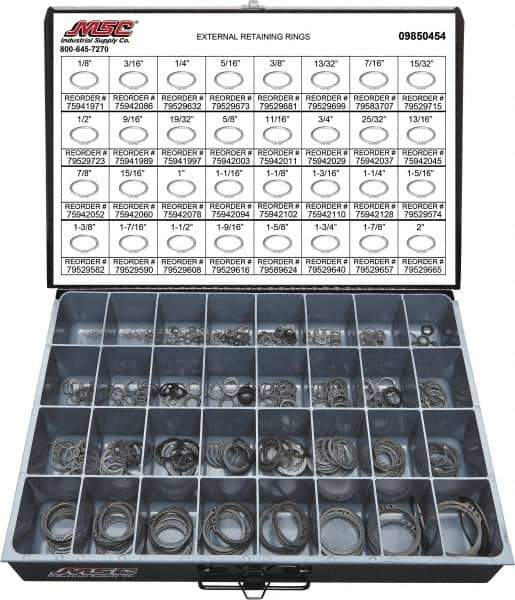 Value Collection - 665 Piece, 1/8 to 2", SpRing Assortment Steel, Snap External Retaining Ring Assortment - Includes Compartmented Case - Industrial Tool & Supply