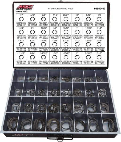 Value Collection - 640 Piece, 1/4 to 2-1/8", SpRing Assortment Steel, Snap Internal Retaining Ring Assortment - Includes Compartmented Case - Industrial Tool & Supply